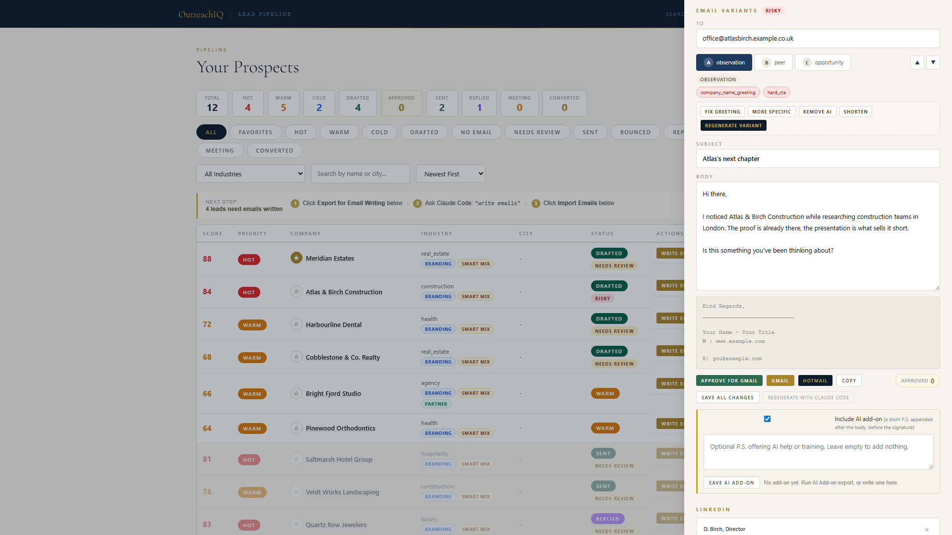 OutreachIQ lead detail with three email variants side by side